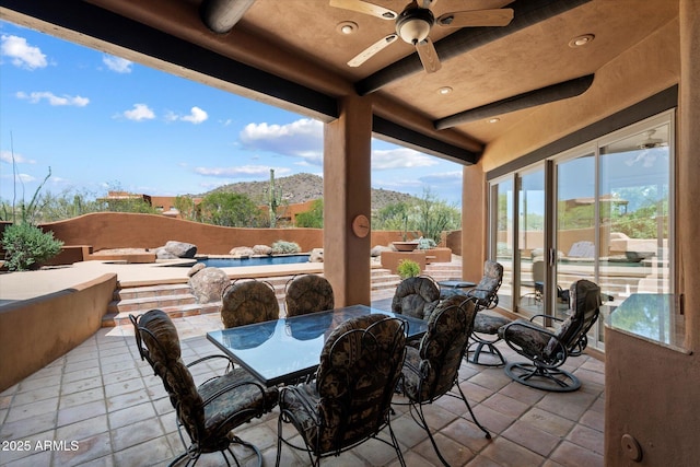 7728 E Mary Sharon Dr, Scottsdale, AZ 85266 - view of patio / terrace featuring ceiling fan, outdoor dining area, and a mountain view