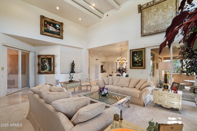 7728 E Mary Sharon Dr, Scottsdale, AZ 85266 - living area with a towering ceiling, a chandelier, beam ceiling, and recessed lighting