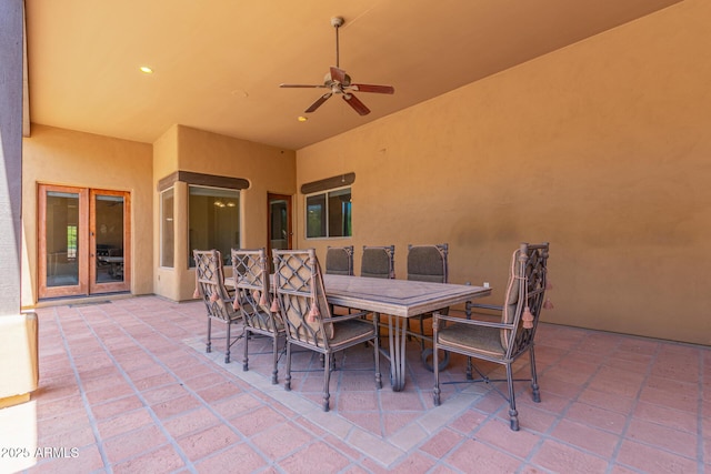 14619 E Desert Vista Trl, Scottsdale, AZ 85262 - view of patio / terrace with french doors, a ceiling fan, and outdoor dining area