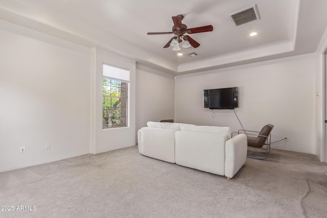 14619 E Desert Vista Trl, Scottsdale, AZ 85262 - carpeted living area featuring a ceiling fan, a raised ceiling, and recessed lighting