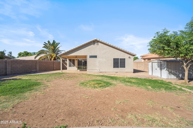 9422 W Monroe St, Peoria, AZ 85345 - back of house with a shed, a fenced backyard, a patio area, and stucco siding