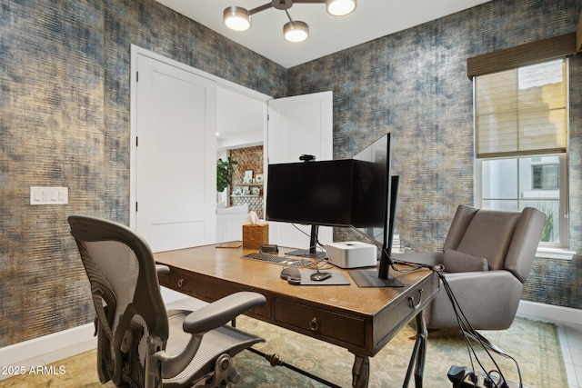20797 W Rattler Rd, Buckeye, AZ 85396 - office featuring baseboards, wallpapered walls, light tile patterned floors, and a chandelier
