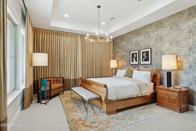 20797 W Rattler Rd, Buckeye, AZ 85396 - bedroom featuring a chandelier, light tile patterned floors, a tray ceiling, and recessed lighting