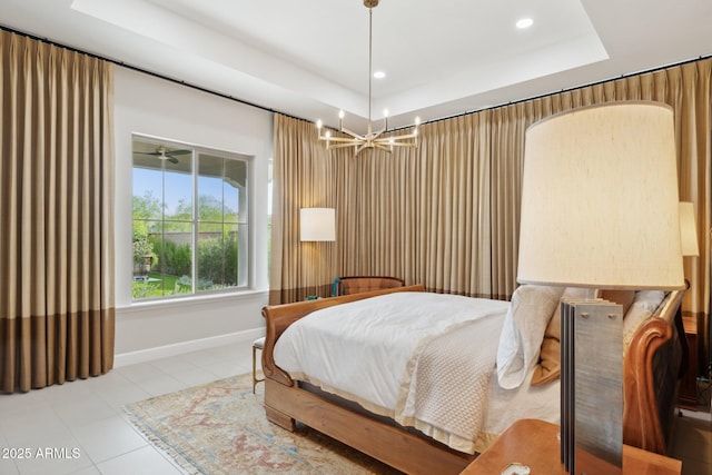 20797 W Rattler Rd, Buckeye, AZ 85396 - bedroom with a raised ceiling, light tile patterned floors, baseboards, a chandelier, and recessed lighting