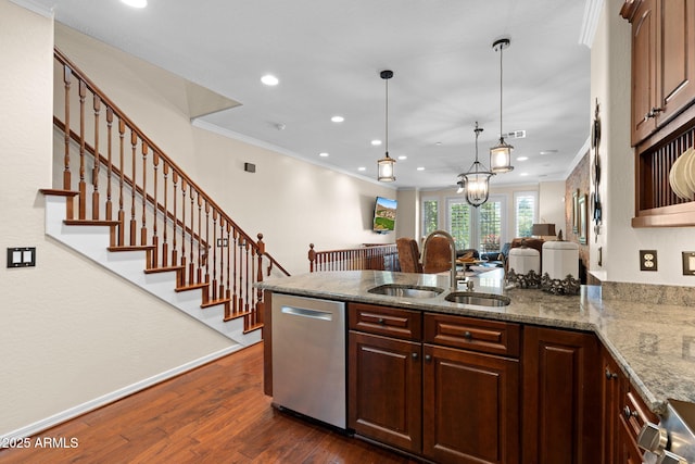 kitchen with ornamental molding, a peninsula, recessed lighting, a sink, and dishwasher