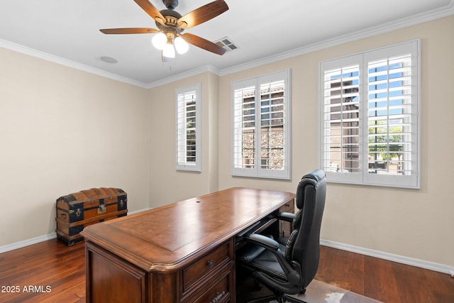 office featuring baseboards, dark wood finished floors, and a wealth of natural light