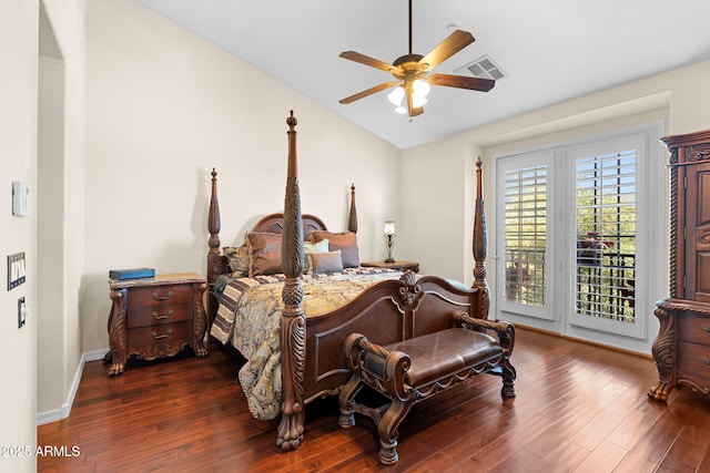 bedroom featuring access to outside, baseboards, lofted ceiling, visible vents, and dark wood-style floors