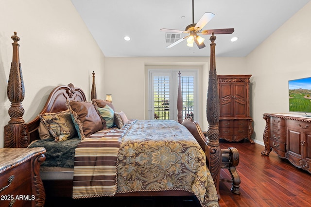 bedroom featuring access to outside, baseboards, recessed lighting, and dark wood-type flooring