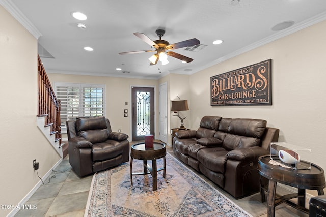 living area with ceiling fan, visible vents, stairway, ornamental molding, and recessed lighting