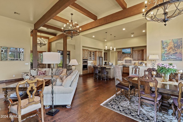 living room with dark hardwood / wood-style floors, beamed ceiling, and a notable chandelier