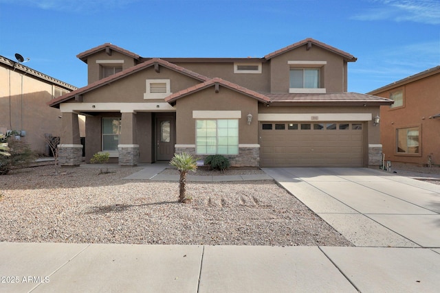 view of front facade with an attached garage, stone siding, concrete driveway, a tiled roof, and stucco siding