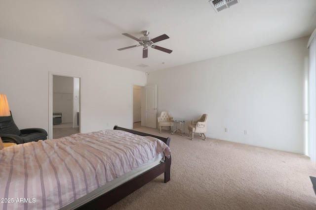 bedroom featuring a ceiling fan, carpet, and visible vents