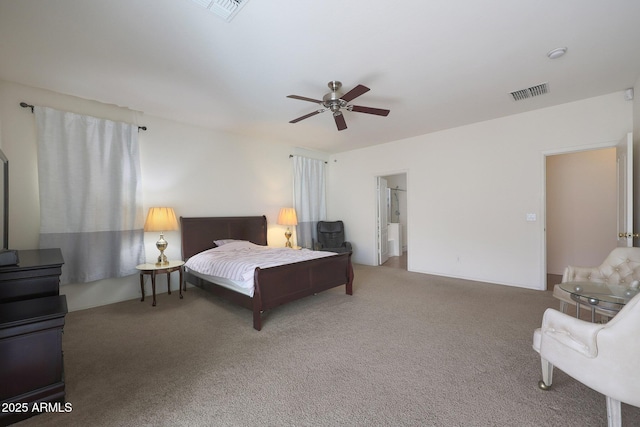 carpeted bedroom featuring ceiling fan and visible vents