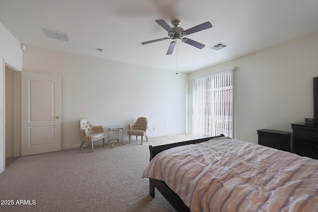 bedroom with ceiling fan, carpet flooring, and visible vents