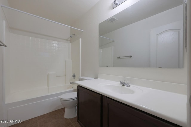 full bath featuring tile patterned flooring, toilet, shower / bath combination, visible vents, and vanity