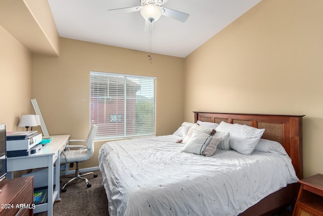 carpeted bedroom with lofted ceiling and ceiling fan