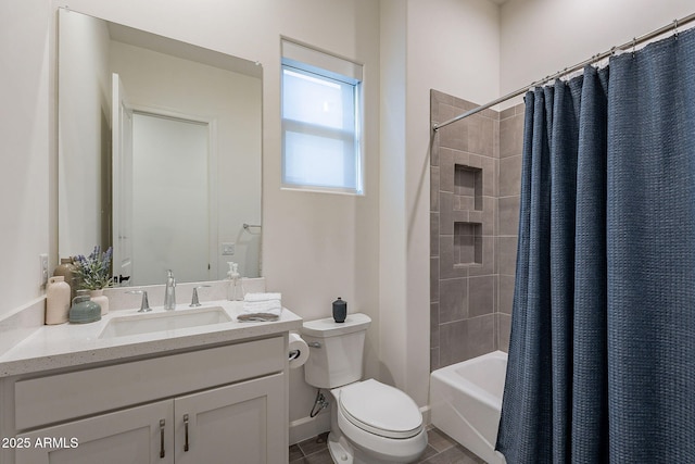 full bathroom with toilet, vanity, and shower / tub combo with curtain