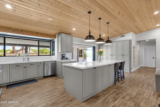5112 E Cholla St, Scottsdale, AZ 85254 - kitchen featuring dishwasher, gray cabinetry, a sink, wood ceiling, and a center island