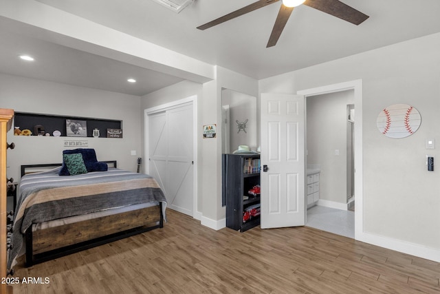 5112 E Cholla St, Scottsdale, AZ 85254 - bedroom featuring light wood-style floors, baseboards, ceiling fan, and recessed lighting