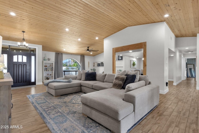 5112 E Cholla St, Scottsdale, AZ 85254 - living room with wood ceiling, ceiling fan, vaulted ceiling, a chandelier, and light wood finished floors