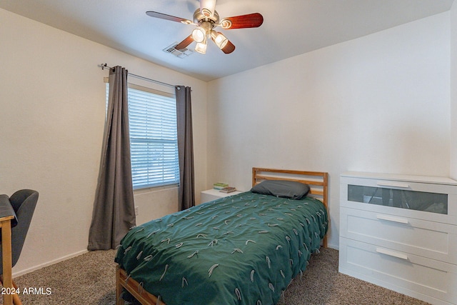 carpeted bedroom with ceiling fan