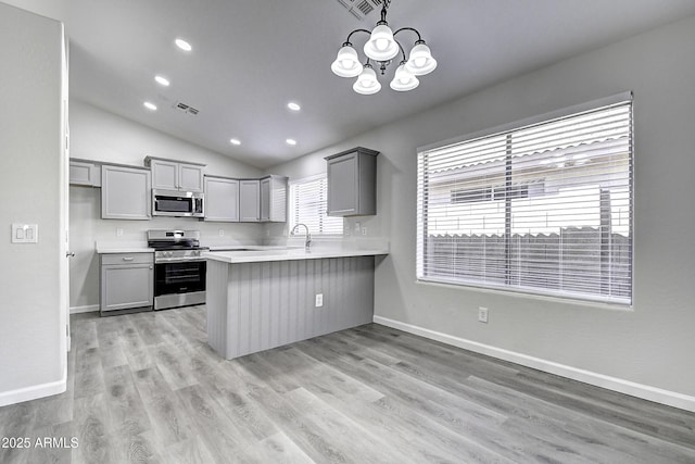 kitchen featuring sink, gray cabinetry, hanging light fixtures, stainless steel appliances, and kitchen peninsula