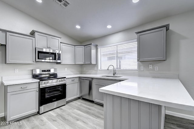 kitchen featuring stainless steel appliances, sink, gray cabinets, and kitchen peninsula