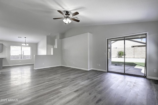 unfurnished living room featuring ceiling fan, lofted ceiling, and dark hardwood / wood-style flooring