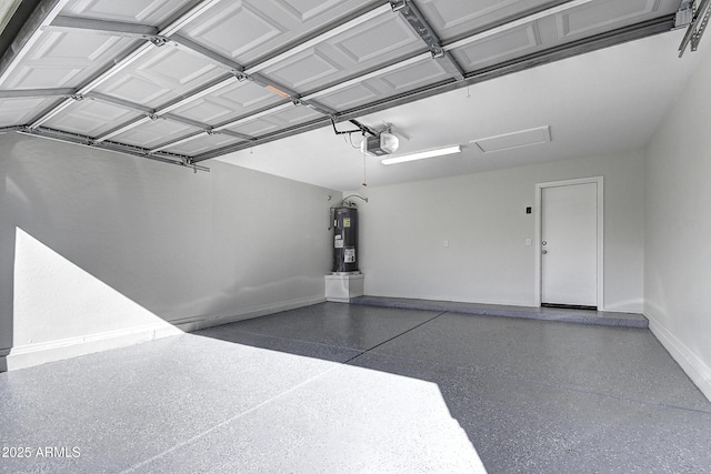 garage with a garage door opener and water heater