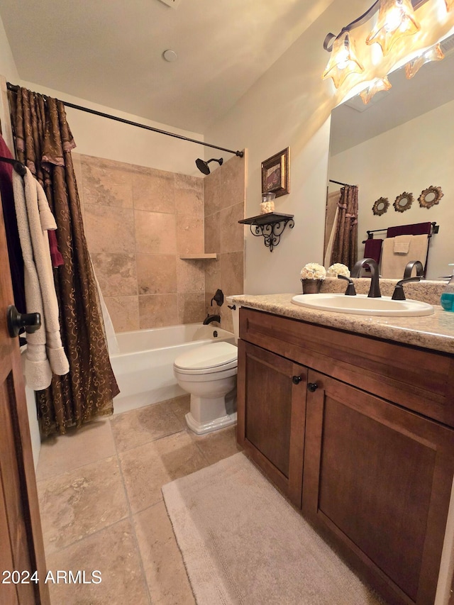 full bathroom with shower / bath combo, toilet, and vanity