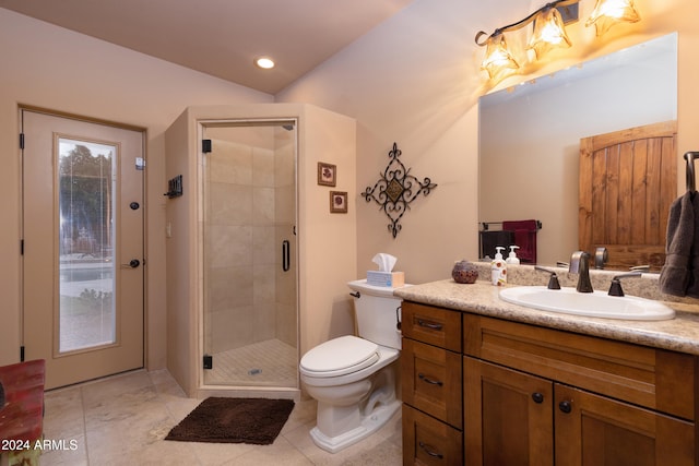 bathroom with lofted ceiling, vanity, an enclosed shower, and toilet