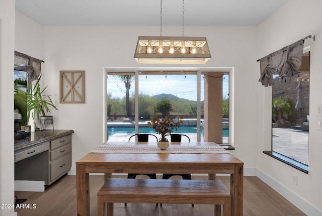 dining room with a mountain view and light hardwood / wood-style floors