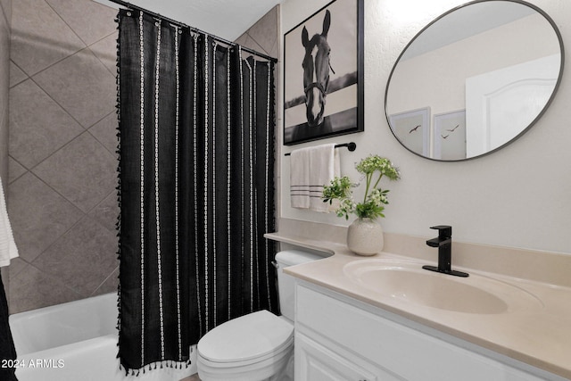 full bathroom featuring vanity, toilet, and shower / tub combo with curtain