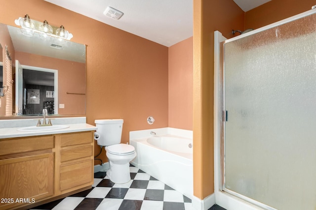 3235 S Bowman Rd, Apache Junction, AZ 85119 - bathroom featuring a shower stall, vanity, toilet, and a bath