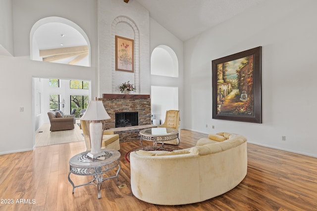 living room featuring high vaulted ceiling and light hardwood / wood-style floors