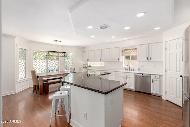 3772 E Leah Ln, Gilbert, AZ 85234 - kitchen featuring stainless steel dishwasher, white cabinets, dark wood-style floors, and recessed lighting