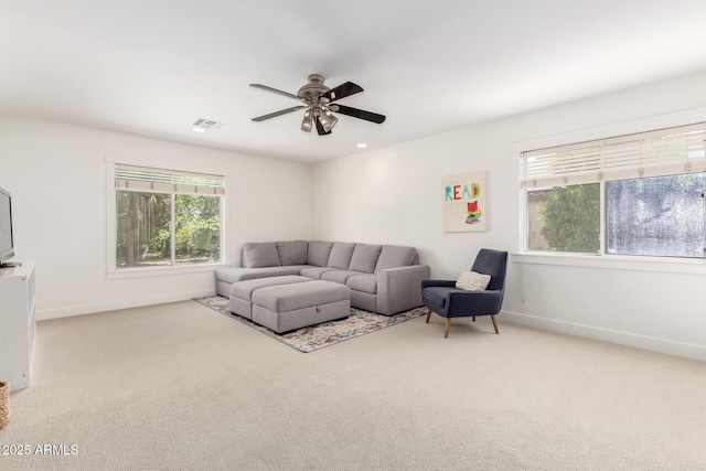 3772 E Leah Ln, Gilbert, AZ 85234 - carpeted living area featuring ceiling fan and baseboards