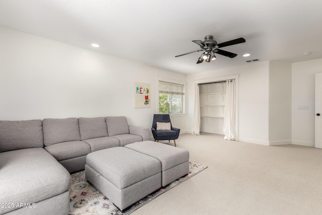 3772 E Leah Ln, Gilbert, AZ 85234 - living room with a ceiling fan, light colored carpet, and recessed lighting