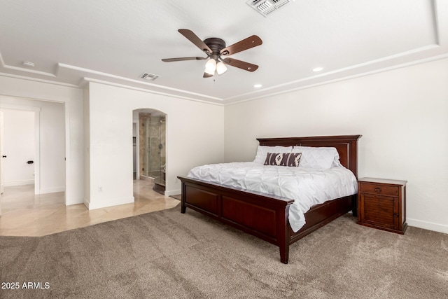 3772 E Leah Ln, Gilbert, AZ 85234 - carpeted bedroom featuring arched walkways, recessed lighting, ceiling fan, and crown molding