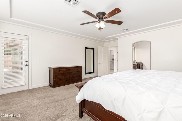 3772 E Leah Ln, Gilbert, AZ 85234 - bedroom with light carpet, ceiling fan, access to exterior, and arched walkways