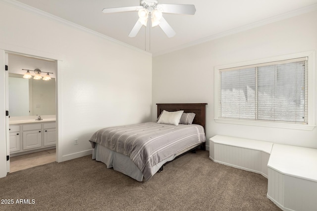 3772 E Leah Ln, Gilbert, AZ 85234 - bedroom with light carpet, ornamental molding, ensuite bath, and a ceiling fan