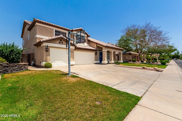3772 E Leah Ln, Gilbert, AZ 85234 - mediterranean / spanish home featuring concrete driveway, stucco siding, a front yard, a tiled roof, and an attached garage