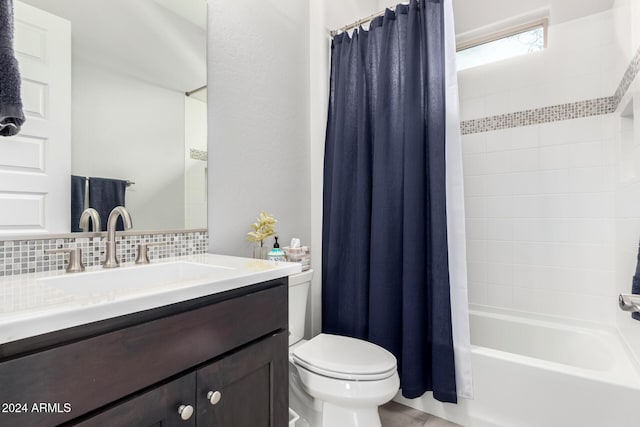 full bathroom with decorative backsplash, vanity, toilet, and shower / bathtub combination with curtain