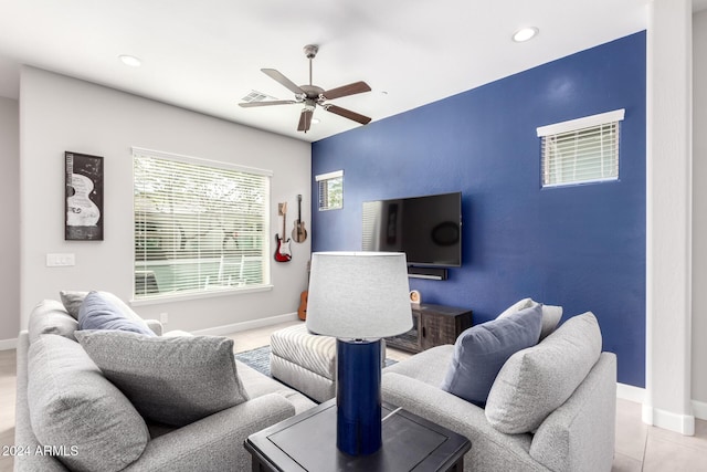 living room featuring ceiling fan