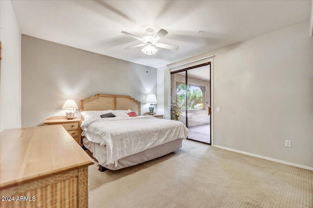 bedroom featuring carpet floors, access to outside, and ceiling fan