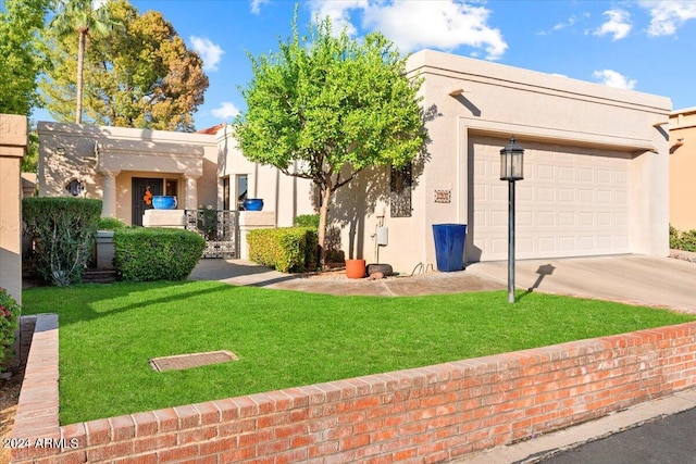 adobe home with a front lawn and a garage