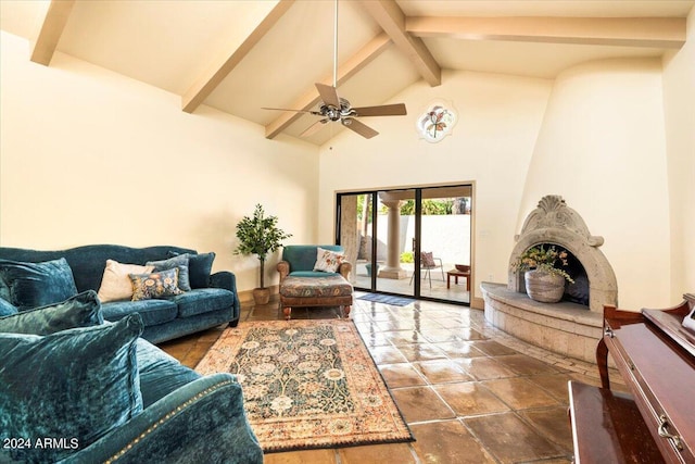 living room with beamed ceiling, high vaulted ceiling, and ceiling fan