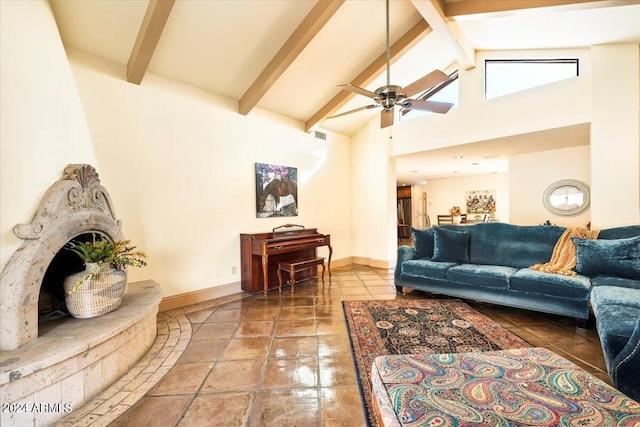 tiled living room with a stone fireplace, beam ceiling, high vaulted ceiling, and ceiling fan