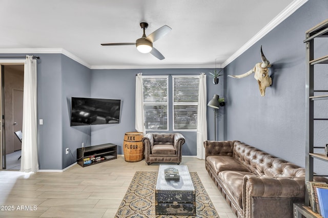 living room with crown molding and ceiling fan