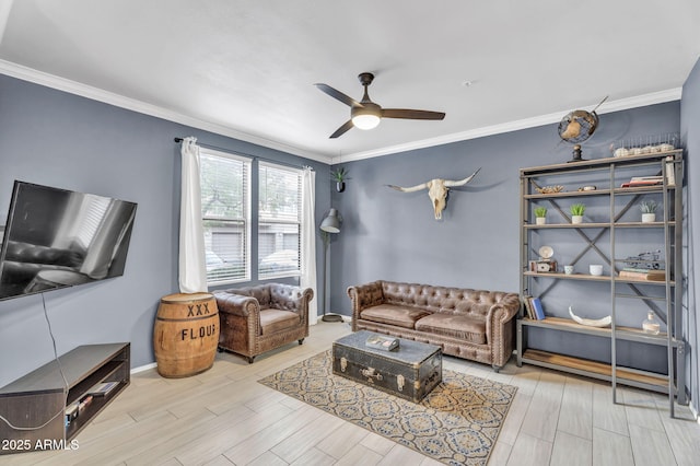 living room with crown molding and light wood-type flooring